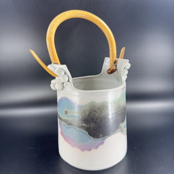 Studio Art Pottery Basket Vase With Wood Handle Artist Signed Ceramic Vintage - Picture 8 of 16